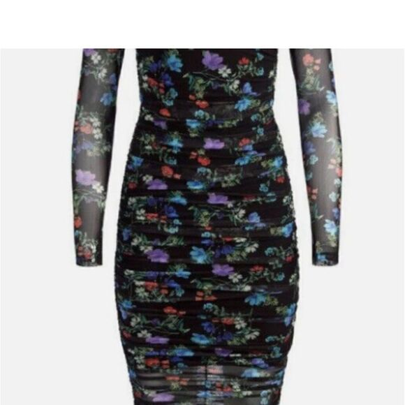 ALICE + OLIVIA DELORA FLORAL RUCHED STRETCH MESH BODY-CON BLACK DRESS sz 4 - Picture 9 of 11